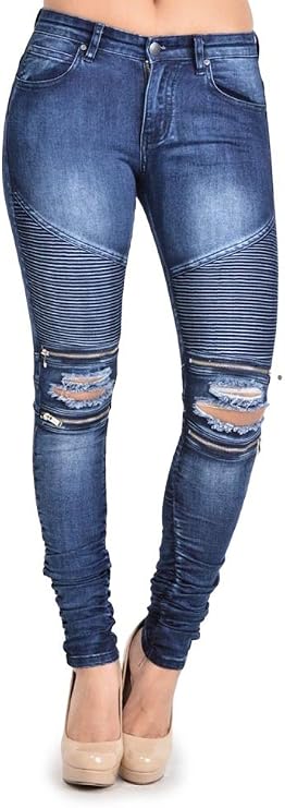 G-Style USA Women's Biker Style Ripped Zip Rider Pants Jeans Joggers