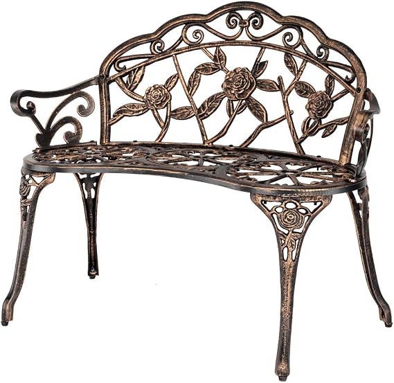 39" Garden Bench, Cast Aluminum Outdoor Patio Bench for Patio, Park, Lawn, Backyard, Deck Floral Rose Accented Bronze Antique Finish (Bronze)