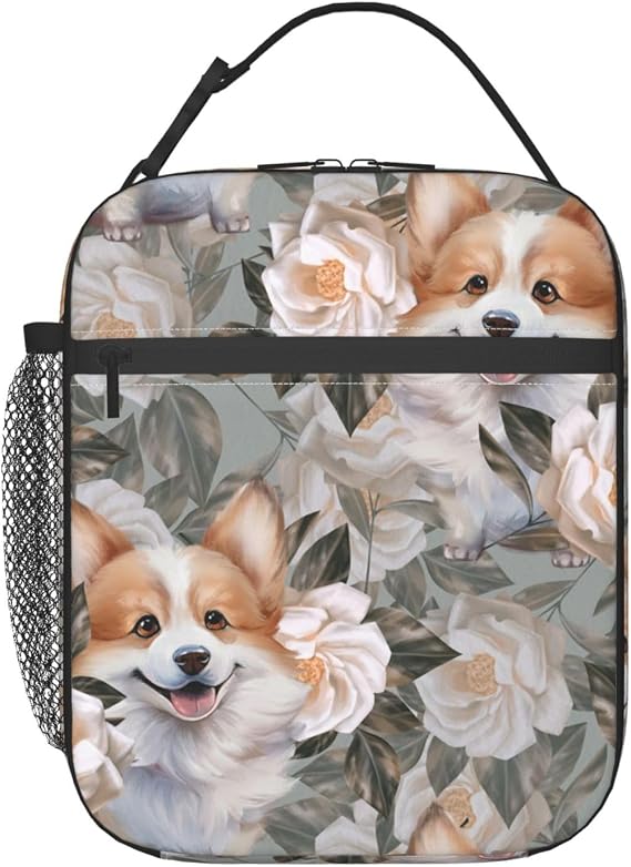 Insulated Lunch Box for Girls Men Women Corgi Lunch Box for Work,Picnic,School,Travel,Hiking, Beach or Fishing Polyester Corgi Lunch Bag Corgi Floral