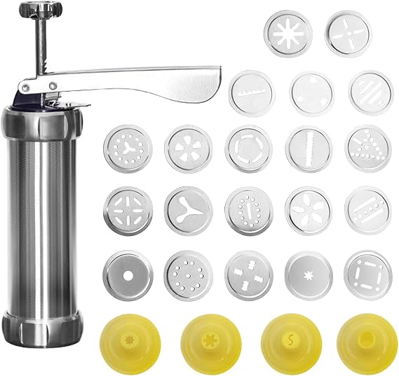 25pcs Press Set with 20 Cookie Discs and 4 Nozzles, Aluminum Alloy Biscuit Maker Tool for Home DIY and Decoration (Silver/Yellow)