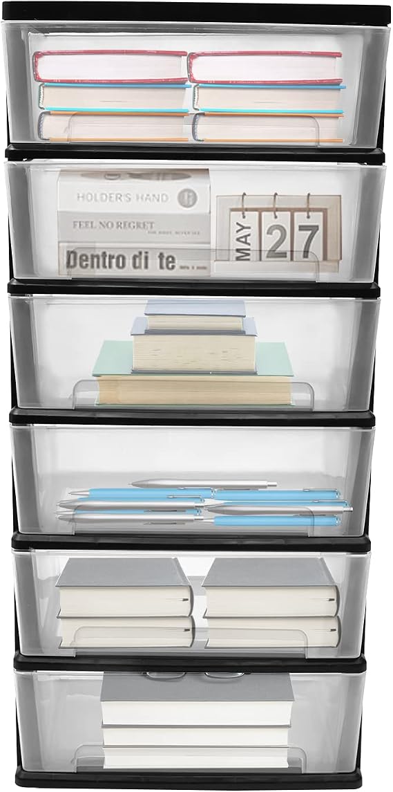 6 Clear Drawer Rolling Storage Cart with Hidden Wheels PP Plastic Organizer Tower, Smooth-Glide Utility Cart for Classroom, Bedroom, Office, Living Room(Black)