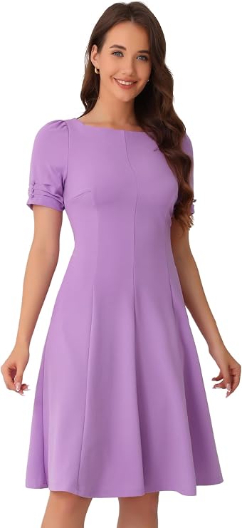 Allegra K A-Line Work Dress for Women's Square Neck Ruched Short Sleeve Dresses