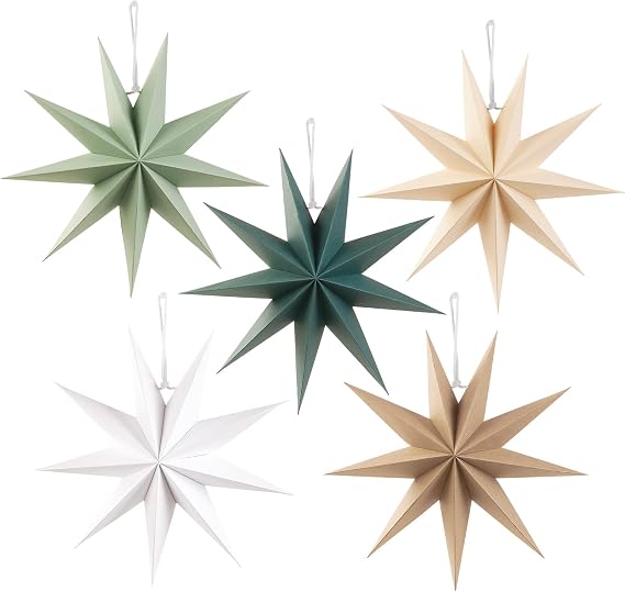 SUNBEAUTY Set of 5 Christmas Paper Stars Brown Beige Dark Green White Sage Green 30 cm Folding 9-Pointed Decoration for Christmas Party Wedding Birthday Table
