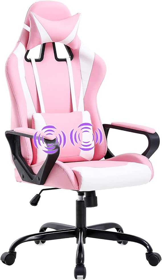 Pink Gaming Chair, Ergonomic Massage Racing Chair with Adjustable Lumbar Support & Headrest, 360 Swivel High Back Desk Chair for Adults, Teens