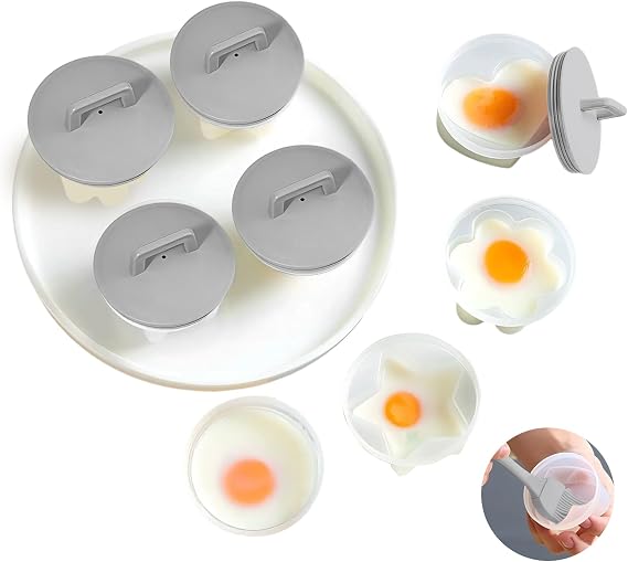 Egg Poacher Cups, 4 Pcs Poached Egg Cooker, Gray | 4 reusable egg molds with lid & brush, 4 shapes, easy release, for boiled eggs without shell