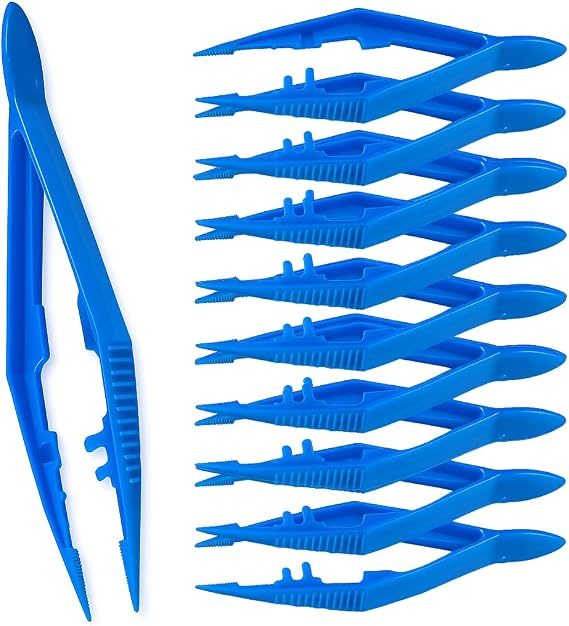 Vakly Disposable Plastic Forceps Tweezers Blue (10 Pack) Serrated Tip Pickup Tweezers with Finger Ridges & Narrow Points for First Aid, Medical, Lab, Crafts & School Science