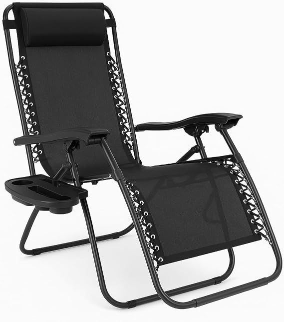Adjustable Zero Gravity Lounge Chair with Steel Mesh Fabric: Reclining Lawn Chair Featuring Comfort Pillow, Cup Holder Tray, and Customizable Recline Positions