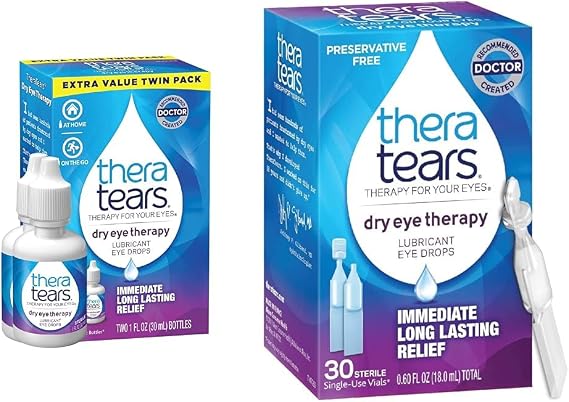 TheraTears Dry Eye Therapy Lubricant Eye Drops Twin Pack, (2 x 30mL Bottles) + Preservative Free, 30 Single-Use Vials