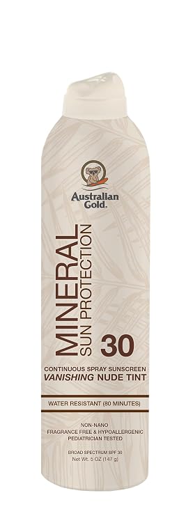 Australian Gold SPF 30 Tinted Mineral Sunscreen Spray, 5 fl oz, Broad Spectrum Continuous Spray for Face & Body, Easily Blendable Sunblock, Zinc Oxide 4% & Titanium Dioxide 4%, All Skin Types
