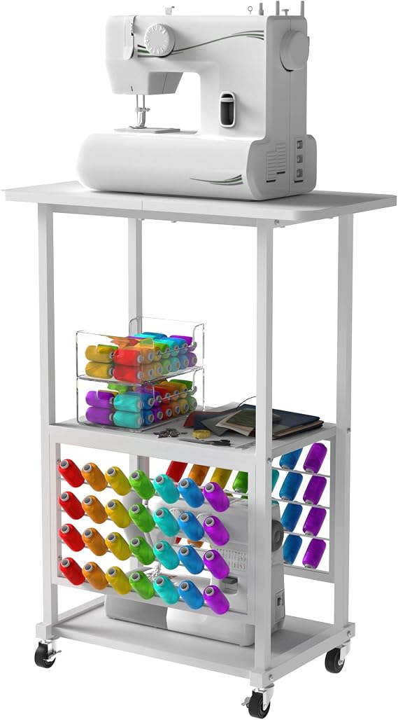 Rolling Craft Table with 56 Spools Thread Holder, 3 Storage Shelves, Portable Sewing Cabinet for Embroidery Machine, Craft Cart Organizer, White