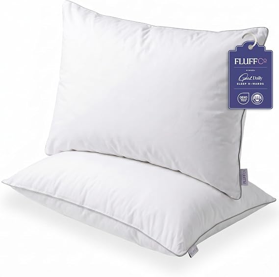 FluffCo Down Alternative Bed Pillows - Standard/Queen Size, Soft (2 Pack) | 100% Cotton Cover, Recycled Vegan Microfiber Filling, Oeko-Tex Certified, For Side, Back & Stomach Sleepers, Made In USA