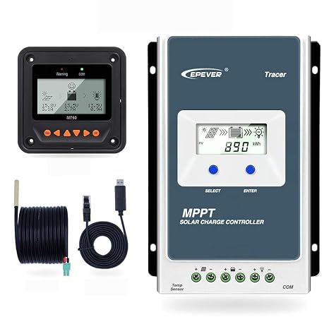 EPEVER MPPT Solar Charge Controller Tracer AN Series 10A/20A/30A/40A with 12V/24V DC Automatically Identifying System Voltage(20A+MT50+RTS+RS485)