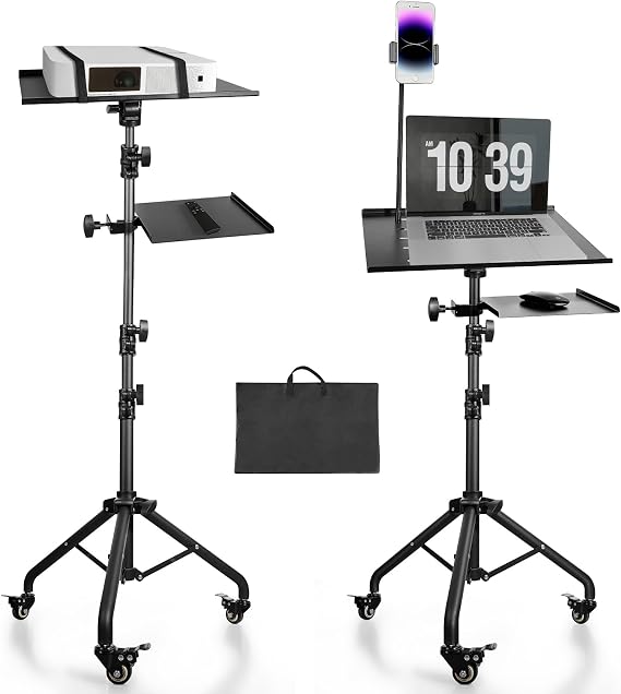 Adjustable Laptop Projector Stand with Wheels, Phone Holder and Mouse Tray