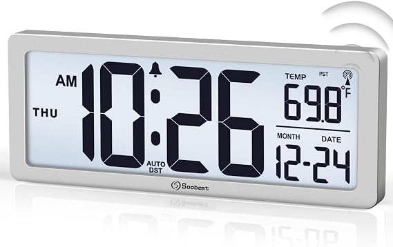 Soobest 8.5" Atomic Digital Wall Clock, Never Needs Setting, Auto Time Sync, Accurate & Easy to Use Clock with Backlight, Battery Operated, Temperature, Date, Auto DST, 4 Time Zones(Silver)