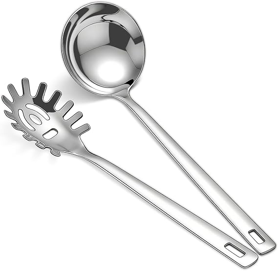 Berglander Kitchen Ladle Spoon and Spaghetti Spoon Set 2 pieces, Pasta Spoon Stainless Steel Kitchen Utensils for Cooking, Stirring, Serving Spaghetti, Soup, Sauce, Dishwasher Safe
