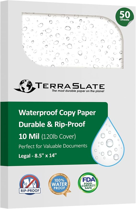 TerraSlate Printable Waterproof Paper for Laser Printer, 10 Mil 8.5" x 14", 50 Sheets, White Printer Paper, Rip-Resistant, Weather/Rain Proof Copy Paper