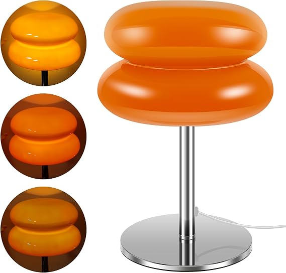 NIHUIFDPY Glass Bedside Table Lamp, Modern Egg Tart Lamp Retro Cute Desk Lamp with 3 Color Dimmable Modes Funky Bedside Table Lamp for Bedroom Living Room Nightstand(Orange) [Energy Class A]