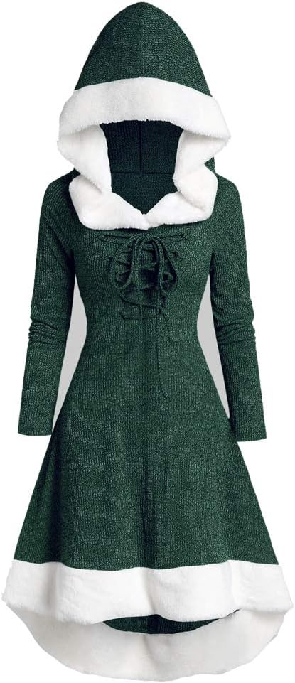CHARMMA Womens Hooded Long Sleeve Party Dress Lace Up Patchwork Midi Dress for Winter Christmas
