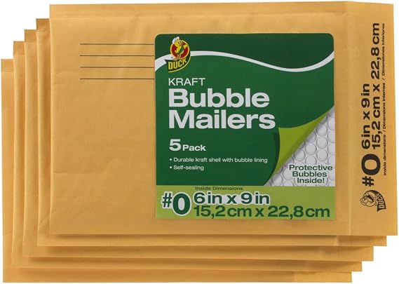 Duck Brand Kraft Bubble Mailers, #0-6 x 9 Inches, 5-Pack (284691), Tan