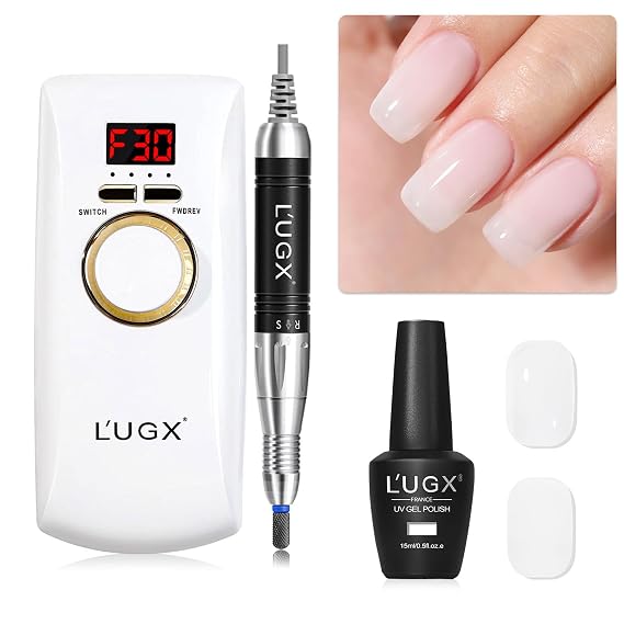 L'UGX Professional Nail Drill Machine Rechargeable with Coreless Motor w/h Sheer Milky White Gel Polish 15ML