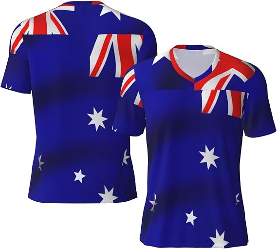 Australian Flag Print Retro Soccer Jersey, V-Neck Short-Sleeve T-Shirt Mesh Jersey Men for Casual and Sports Wear