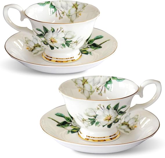 Tea Cups and Saucers, Set of 2, 200ml, Floral Design, Bone China Tea Cup Sets, Gifts for Women