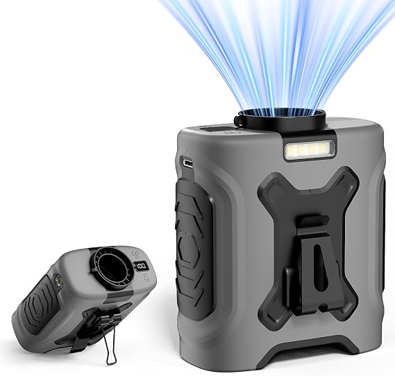 LOUISWARE Portable Waist Fan 10000mAh Portable Waist Fan 18000RPM Neck Fan With Max 12H Working Time 5 Speeds adjustment with LED flashlight and Charging display Cooling for Outdoor Jobsite and etc