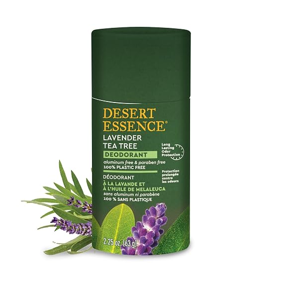 Desert Essence Lavendar Tea Tree Deodorant 100% Plastic Free, Natural Odor Protection Aluminum & Paraben Free with Tea Tree & Shea Butter Eco-Friendly, Vegan Deodorant for Women & Men, 2.25 oz