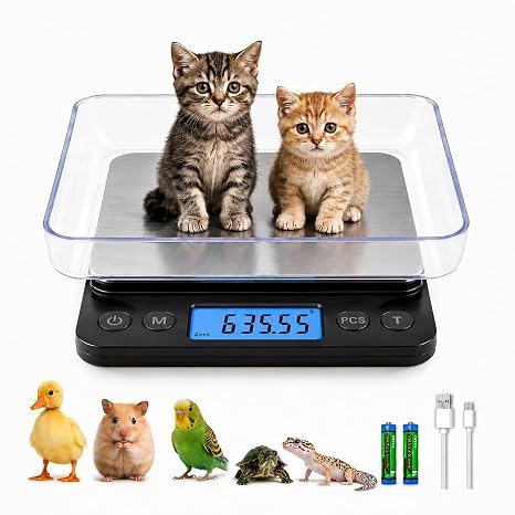 MEIYA Small Digital Pet Scale,5kg/0.1g High Accurate small animal scale with USB Charging, LCD Backlit Display, Stainless Steel Pan Easy Clean cat scale for Geckos, hamsters, snakes, birds, etc(Black)