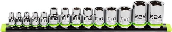 GRIPEDGE Tools | 14-PC RPT E-Star Socket Set | Sizes E4 - E24 | 1/4'' - 3/8'' - 1/2'' Drive | Made With Cr-Mo Steel | Includes Premium Aluminum Storage Rail |