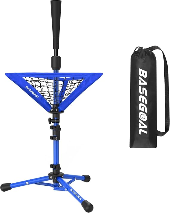 BaseGoal Baseball Batting Tee with Removable Baseball Caddy for Kids | Ball caddy holds up to 30 baseballs; Tripod stand for stability, Adjustable height, with carry bag