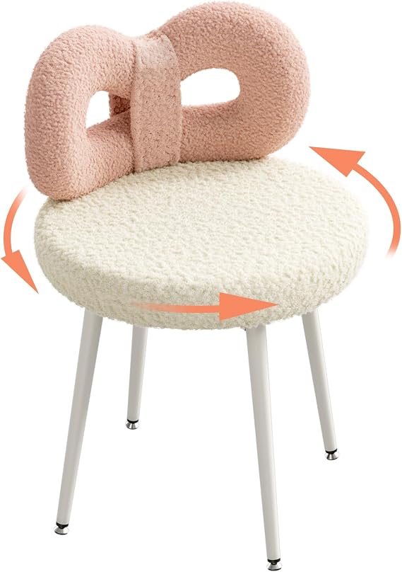 ROOMTEC Swivel Vanity Chair, No Wheels Makeup Pink Chair for Girl, Upholstered, Cute Bow Backrest for Bedroom and Living Room