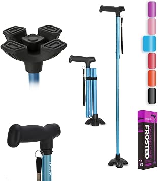 Walking Cane for Men and Women, Extended Grip; Solid Base; Foldable; Adjustable Heights; Lightweight; Free Standing; Portable Canes for Seniors Heavy Duty (Blue)