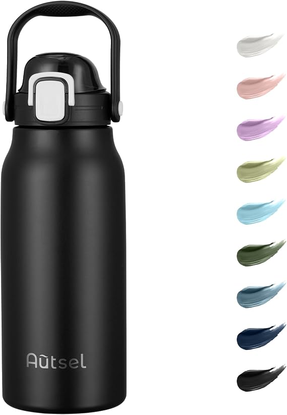 1.7L Stainless Steel Water Bottle with Straw, Large Metal Flask with Handle