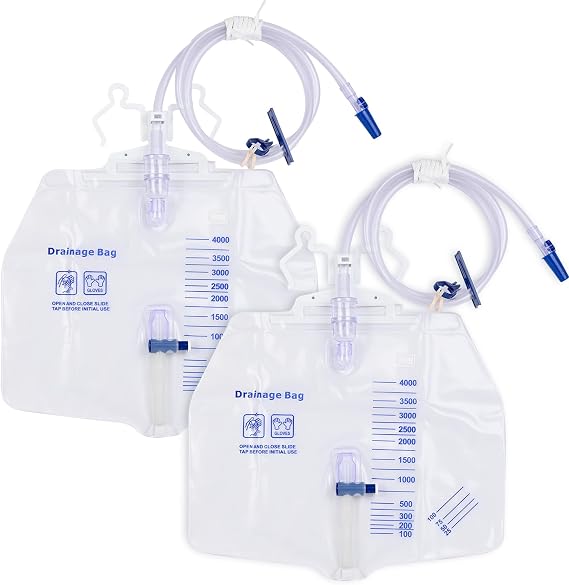 2 Pack Urinary Drainage Bag with Anti-Reflux Chamber, 4000ml Large Capacity, 48" Drainage Tube, Professional Urine Bags with Clips and Hanging Hook, Catheter Bags for Men