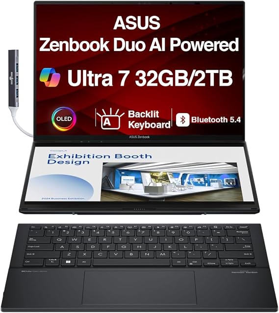 ASUS Zenbook Duo AI Powered 2-in-1 Laptop 14.0" Touchscreen OLED 2.8K Display (Intel Ultra 7-255H, 32GB LPDDR5X, 2TB PCIe SSD, Backlit KB, 2 Thunderbolt 4, WiFi 7, Win 11 Home) w/DKZ USB Port Expander