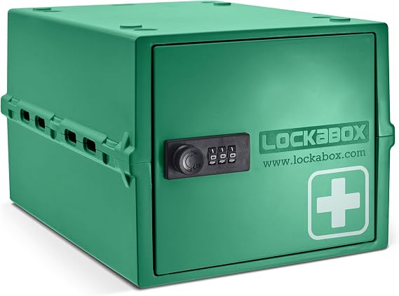 Lockabox OneTM | Premium Medicine Lock Box | Medium Medication Lock Box With Code For Medicines, Vitamins & Supplements | External Size 12 x 8 x 6.6 inches (Medi Green)