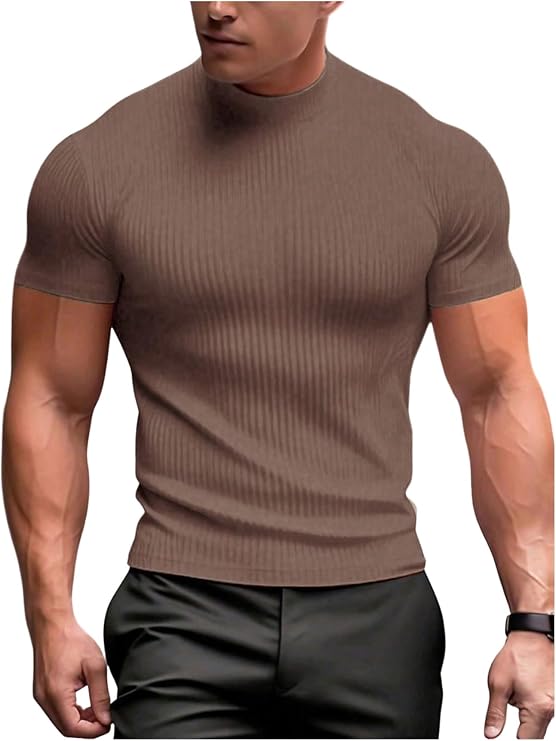 SHENHE Men's Mock Turtleneck Shirt Ribbed Knit Slim Fit Basic Tee Top