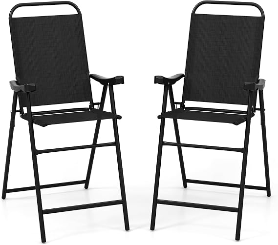 COSTWAY 2 Pieces Patio Folding Bar Chairs with Metal Frame, Footrest, Arms