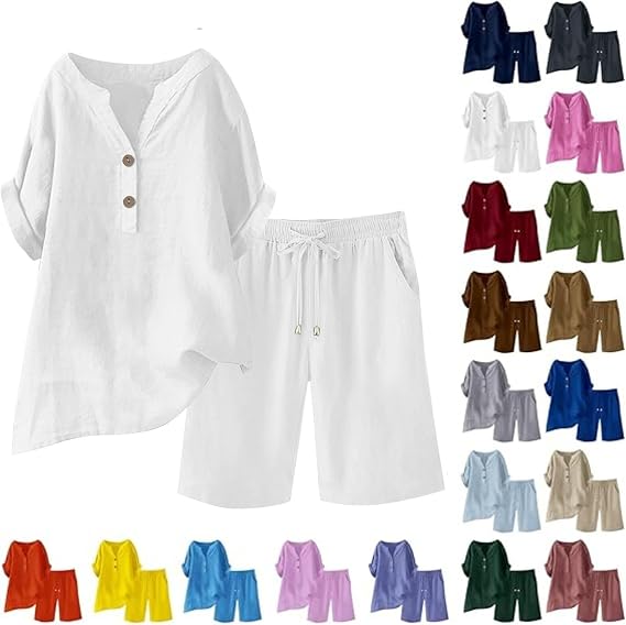 Linen Sets for Women 2 Piece Short Sleeve Shirts & Wide Leg Shorts Loose Fit Casual Cotton Linen Coord Sets Outfits