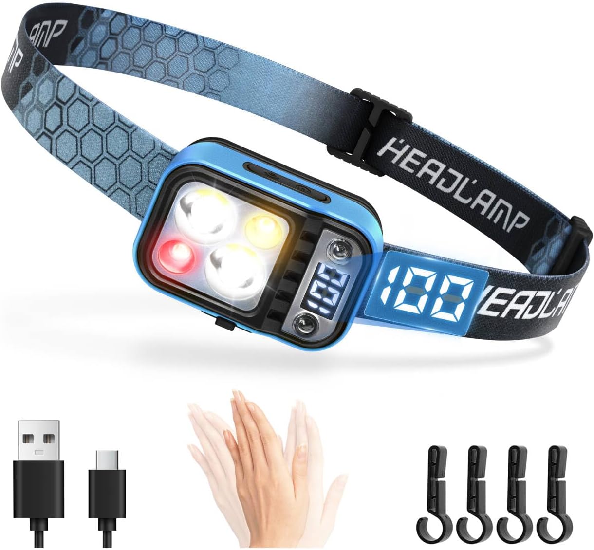DARKDAWN Headlamp Rechargeable LED, 5 Modes USB C Headband Flashlight with Motion Sensor，Digital Power Display，UpDown Adjustable, for Camping, Car Repairing,1PCS