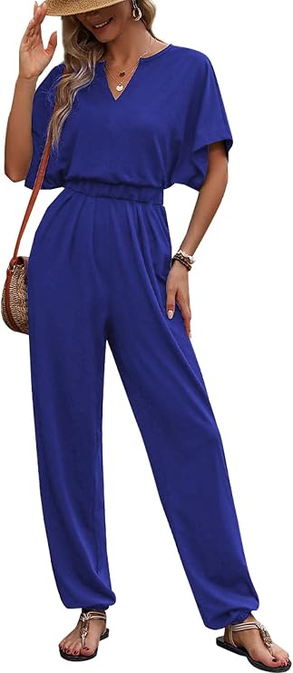 QIAOZHI Women's Casual Loose Jumpsuits One Piece Short Sleeve V Neck Wide Leg Long Pant Rompers with Pockets