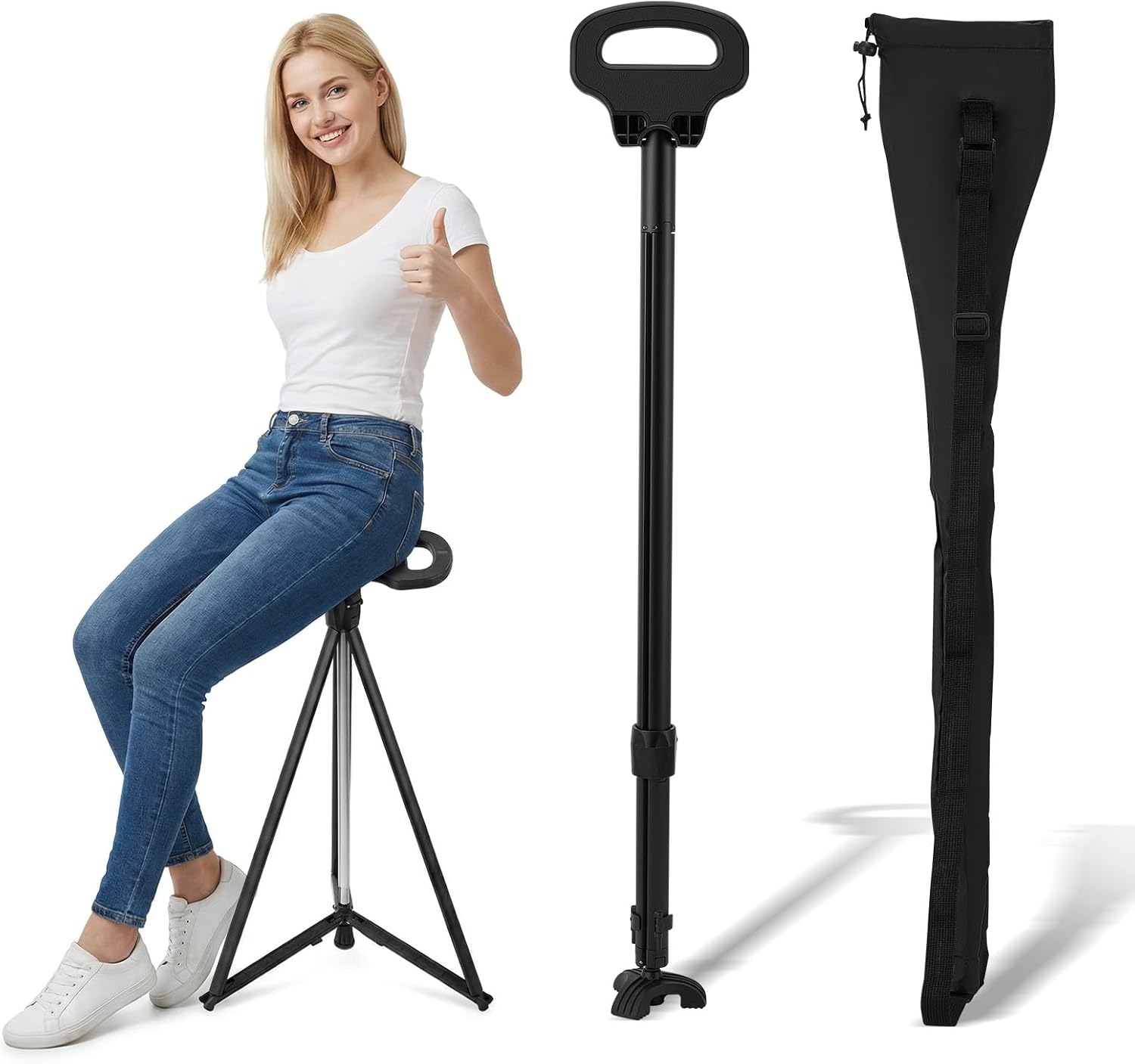 Portable Walking Cane with Seat, Adjustable Walking Stick With Seat, Foldable Chair, Hiking Stick, Max Load Capacity 150 Kg, Adjustable Height, 2 Non-Slip Pads, 3 Legs for Trekking,Camping,Travelling
