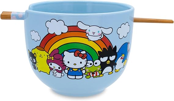 Toynk Sanrio Hello Kitty and Friends Rainbow Ceramic Dinnerware Set | Includes 20-Ounce Ramen Noodle Bowl and Wooden Chopsticks