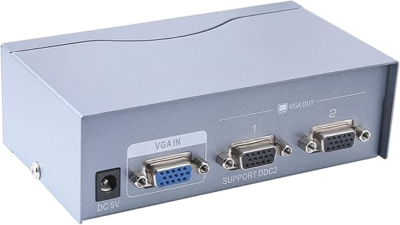 DTECH 2 Way Powered VGA Splitter Amplifier Box High Resolution 1080p SVGA Video 1 in 2 Out 250 Mhz for 1 PC to Dual Monitor Computer