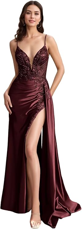 zcbang Satin Mermaid Prom Dresses for Women 2026 Lace Applique Split Formal Evening Gown