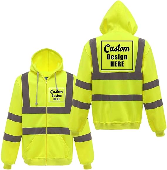 Customized Men Reflective Fleece Hoodies High Visibility Work Jacket Safety Zip Up Sweatshirt Workwear