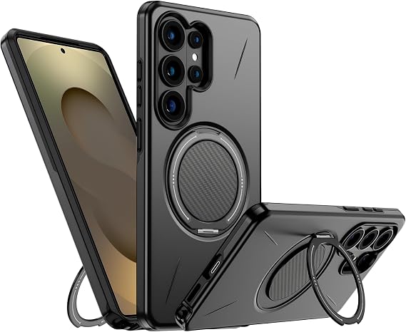 Rongep [Mag-Forge] Samsung Galaxy S25 Ultra için Kılıf 360° Dönebilen Standlı [MagSafe ile Uyumlu] S25 Ultra Koruyucu Güçlü Manyetikli PC+TPU Darbelere Dayanıklı Samsung S25 Ultra Kılıf (Siyah)