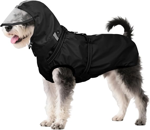 Dog Raincoat Waterproof, Rain Jacket with Reflective Strips, H-Harness (D-Ring) & Detachable Hood with Visor, Ideal for Medium/Large Dogs [Black, Size M]