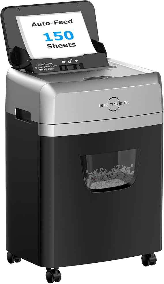 BONSEN 150-Sheet Autofeed Micro-Cut Heavy Duty Paper Shredder for Office